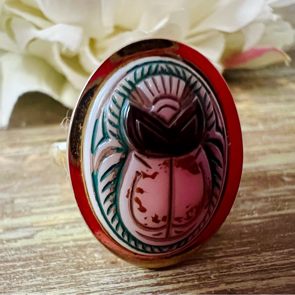 Whiting & Davis Red, Pink and Green Scarab Motif Ring